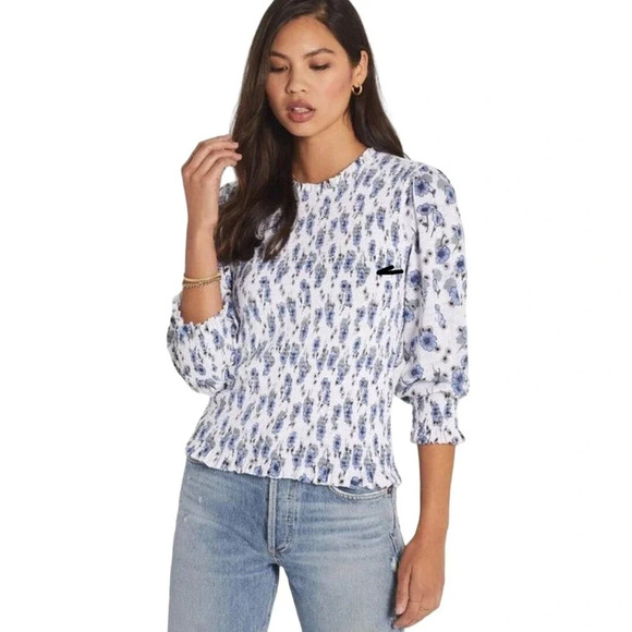 Goldie Lewinter Size L Daisy Print Puff Sleeve Smocked Top in Blue and White - Picture 1 of 5